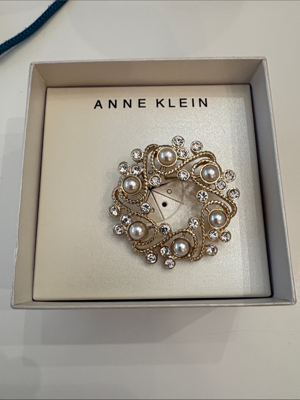 Anne Klein Gold-Tone Pearl & Crystal Circle Brooch